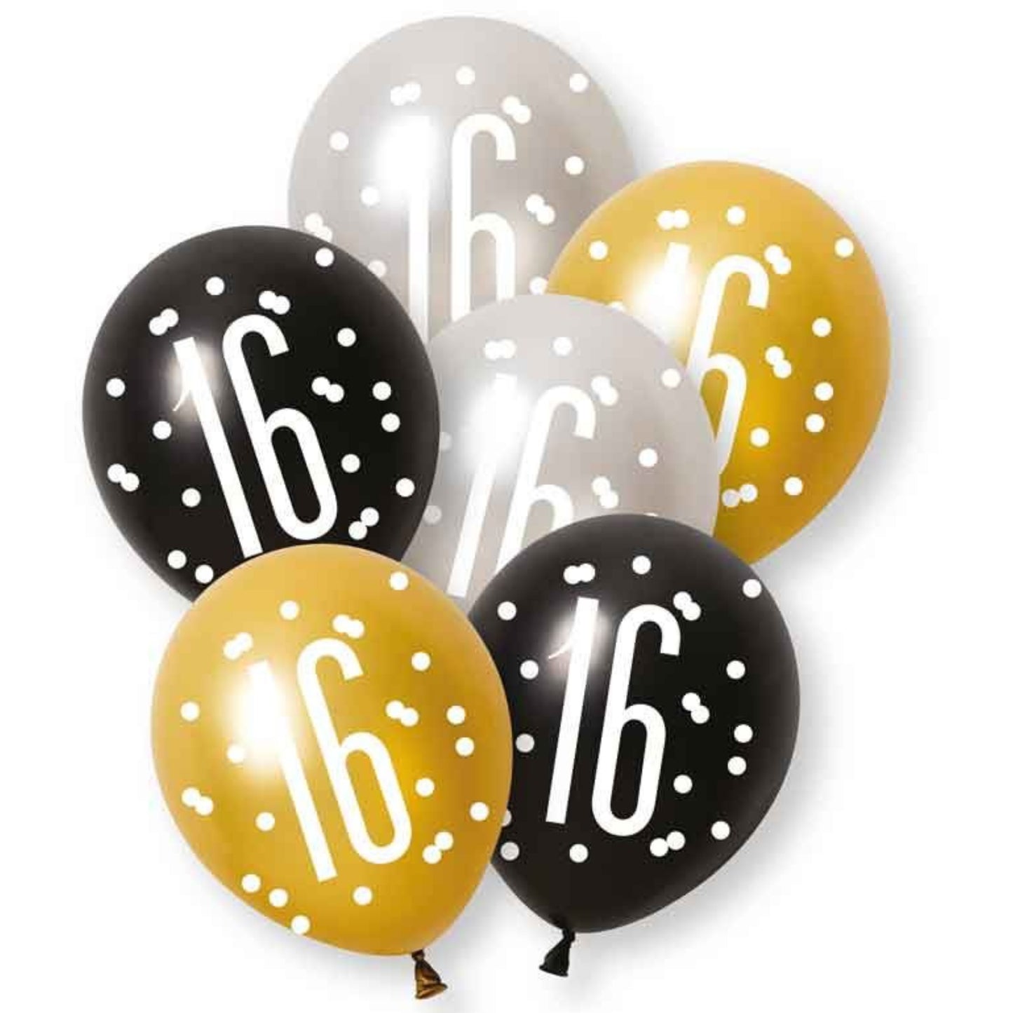 12"/ 30cm AGE '16' GOLD, SILVER & BLACK GLITZ 6 PACK LATEX BALLOONS