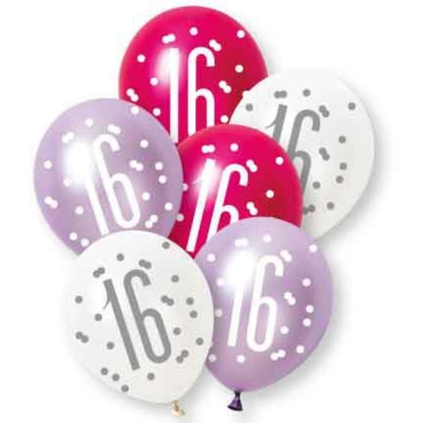 12"/ 30cm AGE '16' PINK, PURPLE & WHITE GLITZ 6 PACK LATEX BALLOONS