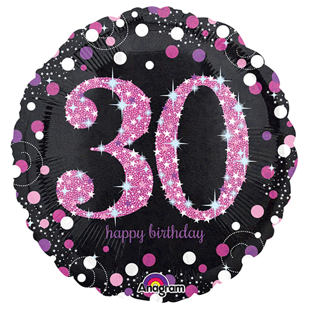 18"/ 46cm PINK SPARLKING CELEBRATION 30TH BIRTHDAY ROUND FOIL BALLOON