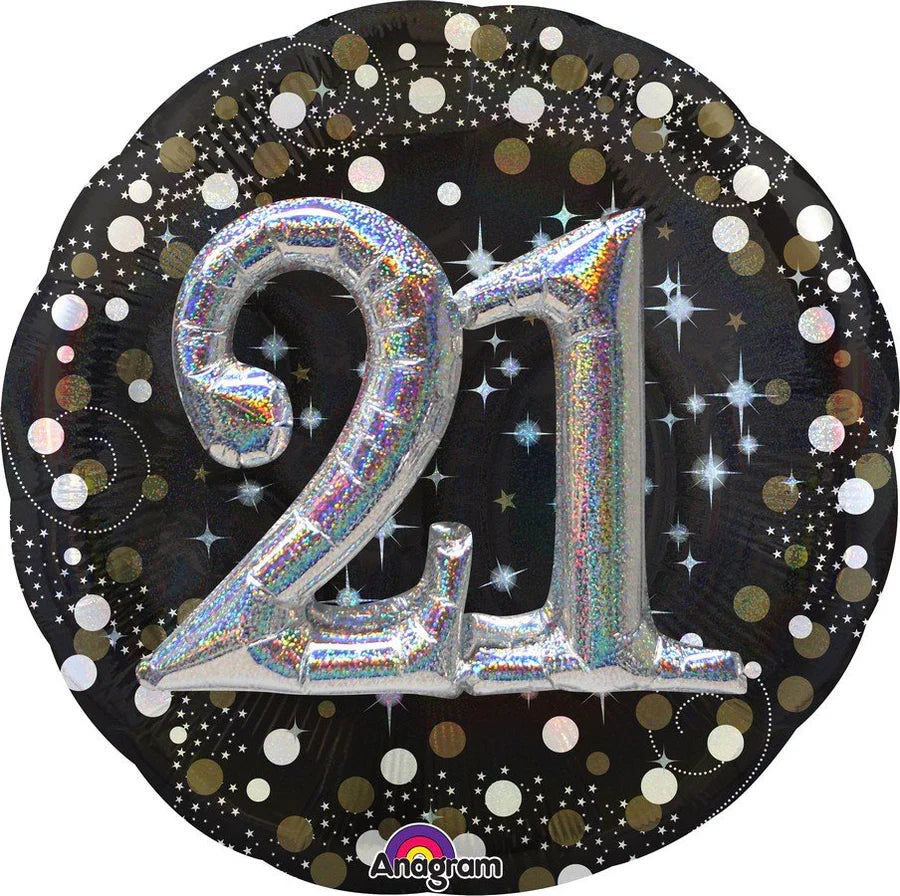 18"/ 46cm HOLOGRAPHIC SPARKLING 21ST BIRTHDAY ROUND FOIL BALLOON