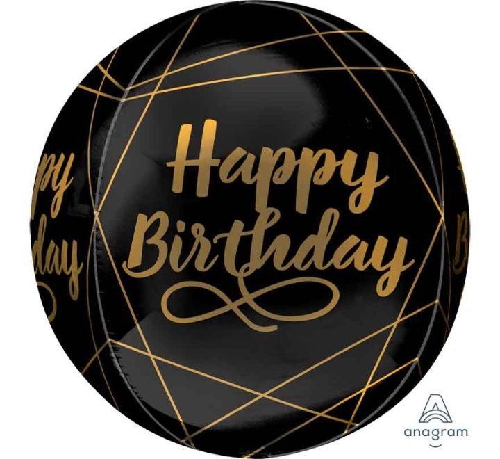 16"/ 41cm HAPPY BIRTHDAY ELEGANT BLACK & GOLD ORBZ FOIL BALLOON