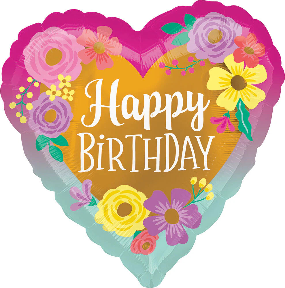 18"/ 46cm HAPPY BIRTHDAY PAINTED FLOWERS HEART SHAPE FOIL BALLOON