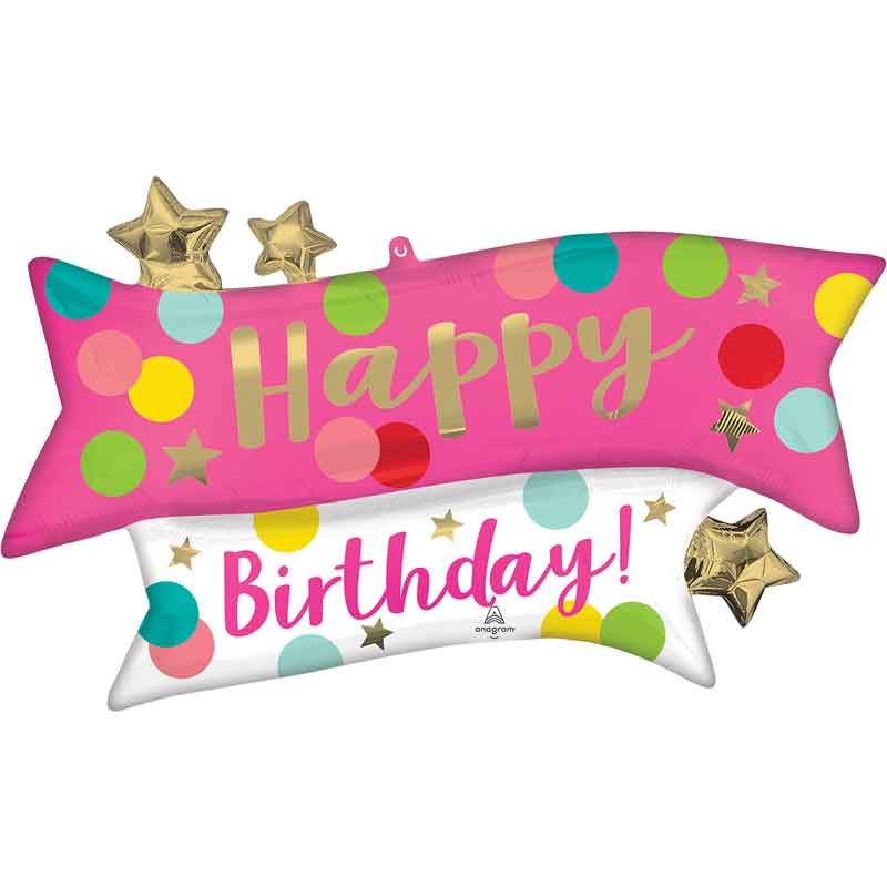 38"/ 97cm HAPPY BIRTHDAY PINK CONFETTI BANNER SUPERSHAPE FOIL BALLOON