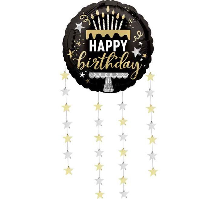 32"/ 81cm BLACK SILVER GOLD HAPPY BDAY GIANT ROUND FOIL BALLOON WITH DANGLING STARS