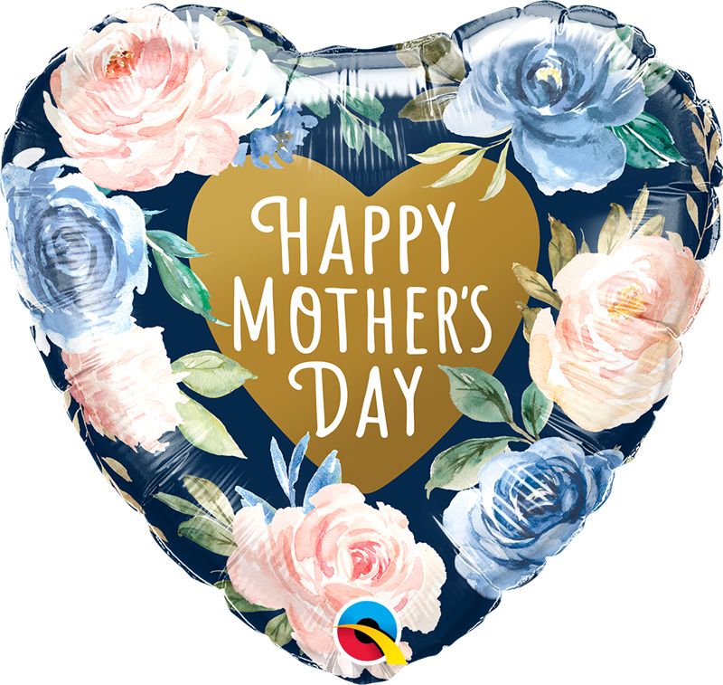 18"/ 46cm MOTHER'S DAY PINK & BLUE ROSES HEART SHAPE FOIL BALLOON