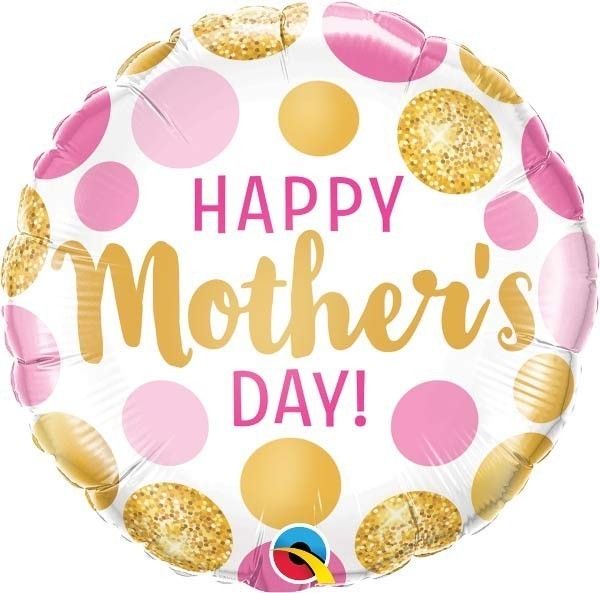 18"/ 46cm HAPPY MOTHER'S DAY PINK & GOLD DOTS ROUND FOIL BALLOON