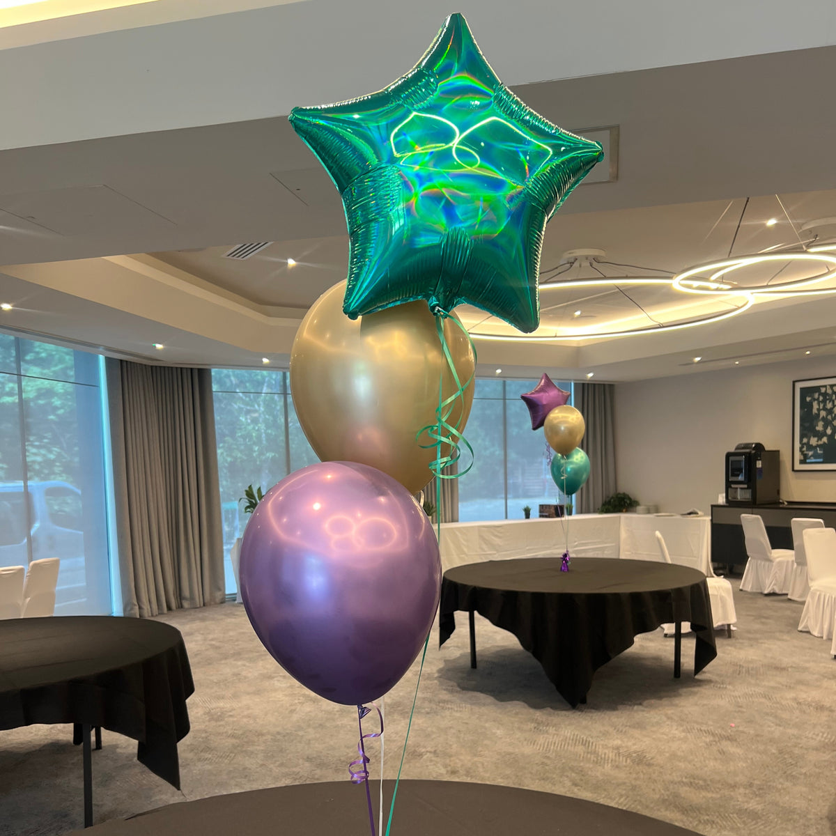 Green Iridescent Foil Star with Champagne Chrome & Violet Chrome Latex - Table Cluster of 3