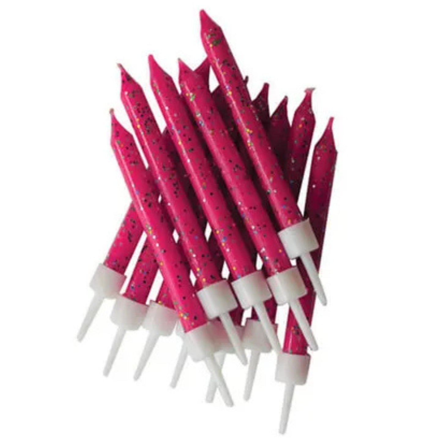 3"/ 7.5cm FUCHSIA GLITTER BIRTHDAY CANDLES WITH HOLDERS (12 PACK)