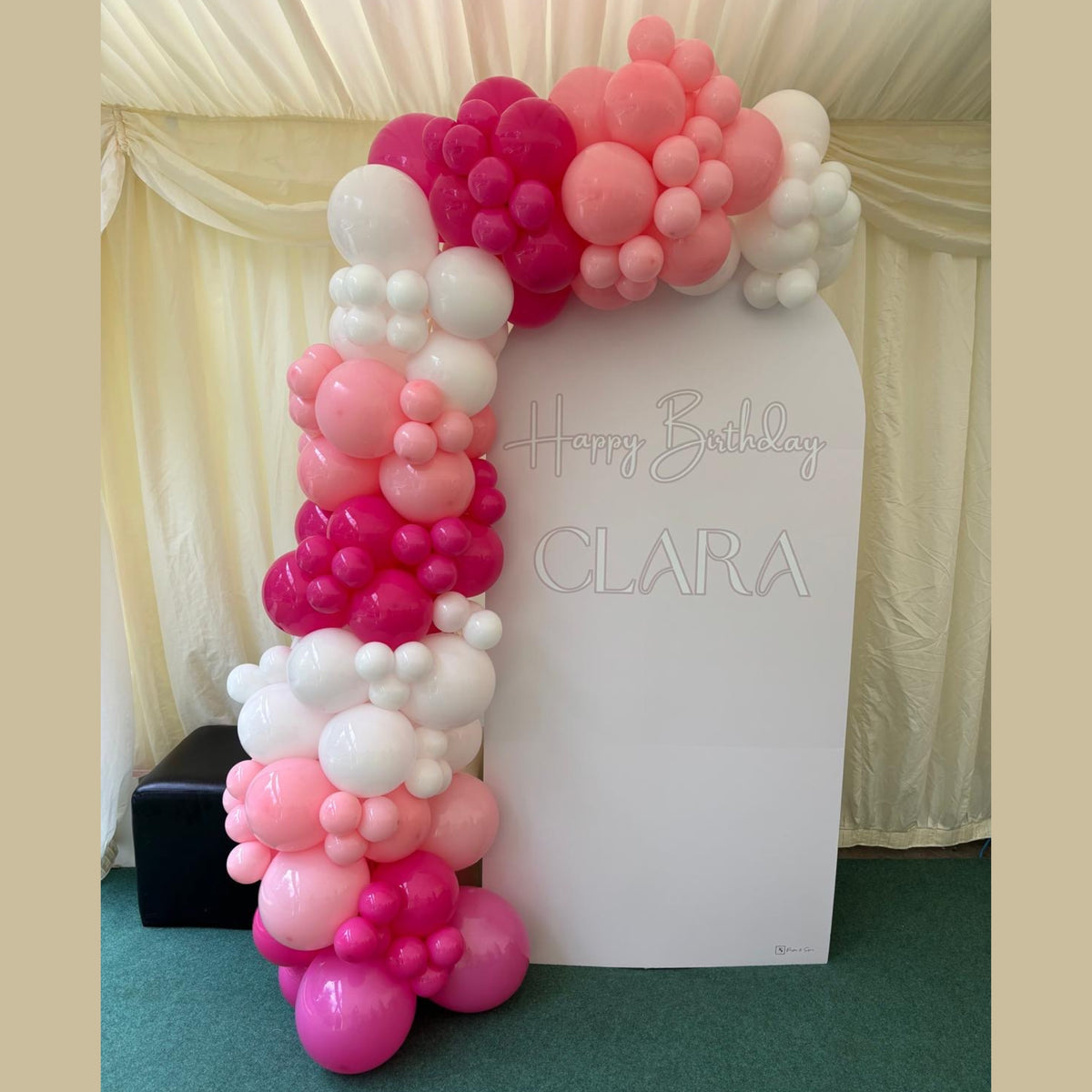 Sailboard with Personalised Vinyl Print and Fuchsia, Pink & White Balloon Garland