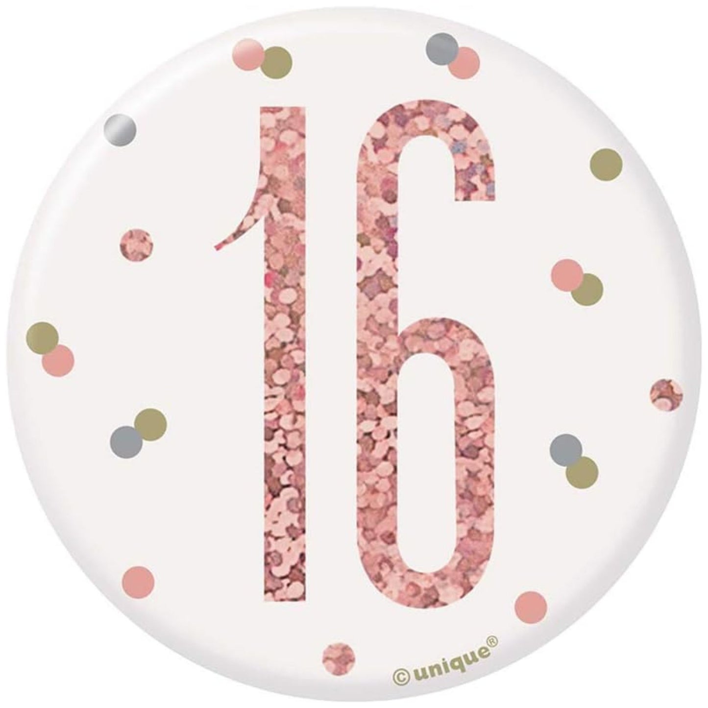 3"/ 8cm GLITZ ROSE GOLD 16th BIRTHDAY BADGE