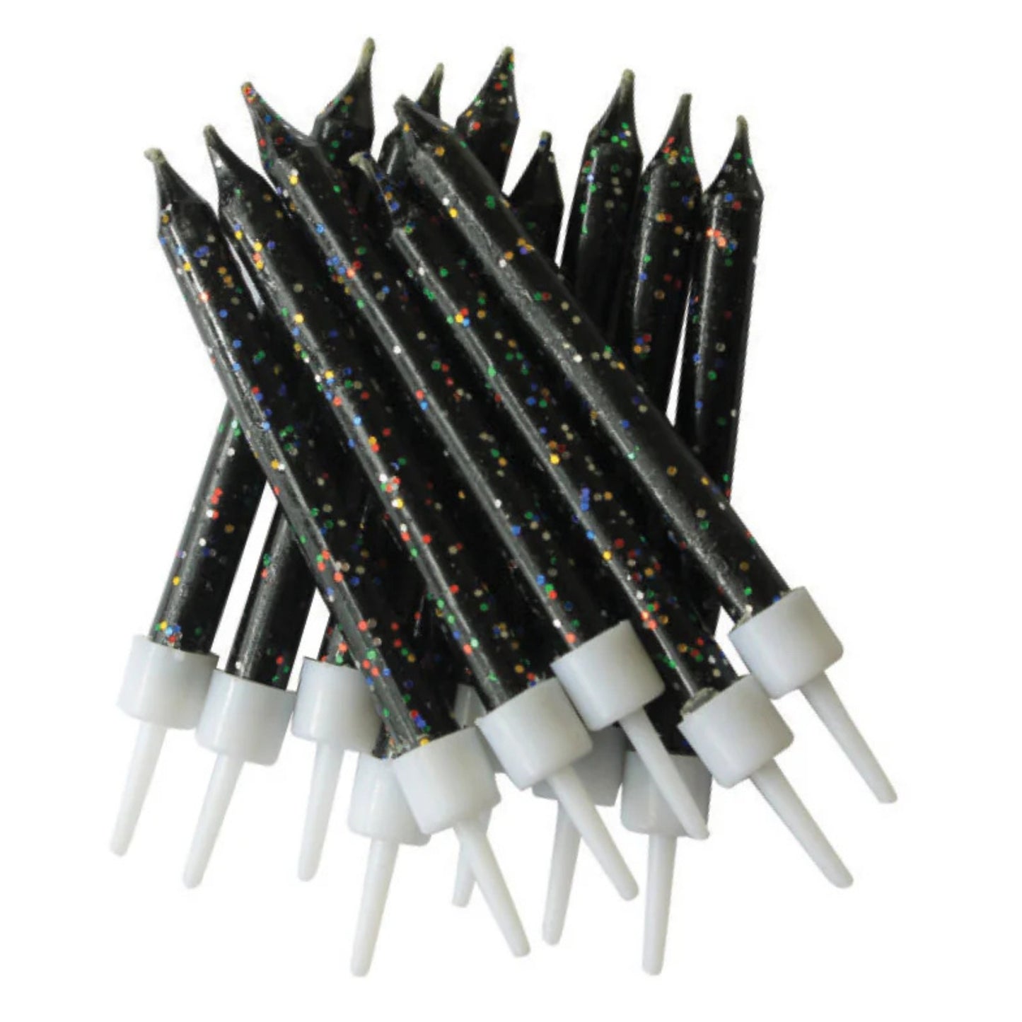 3"/ 7.5cm BLACK GLITTER BIRTHDAY CANDLES WITH HOLDERS (12 PACK)