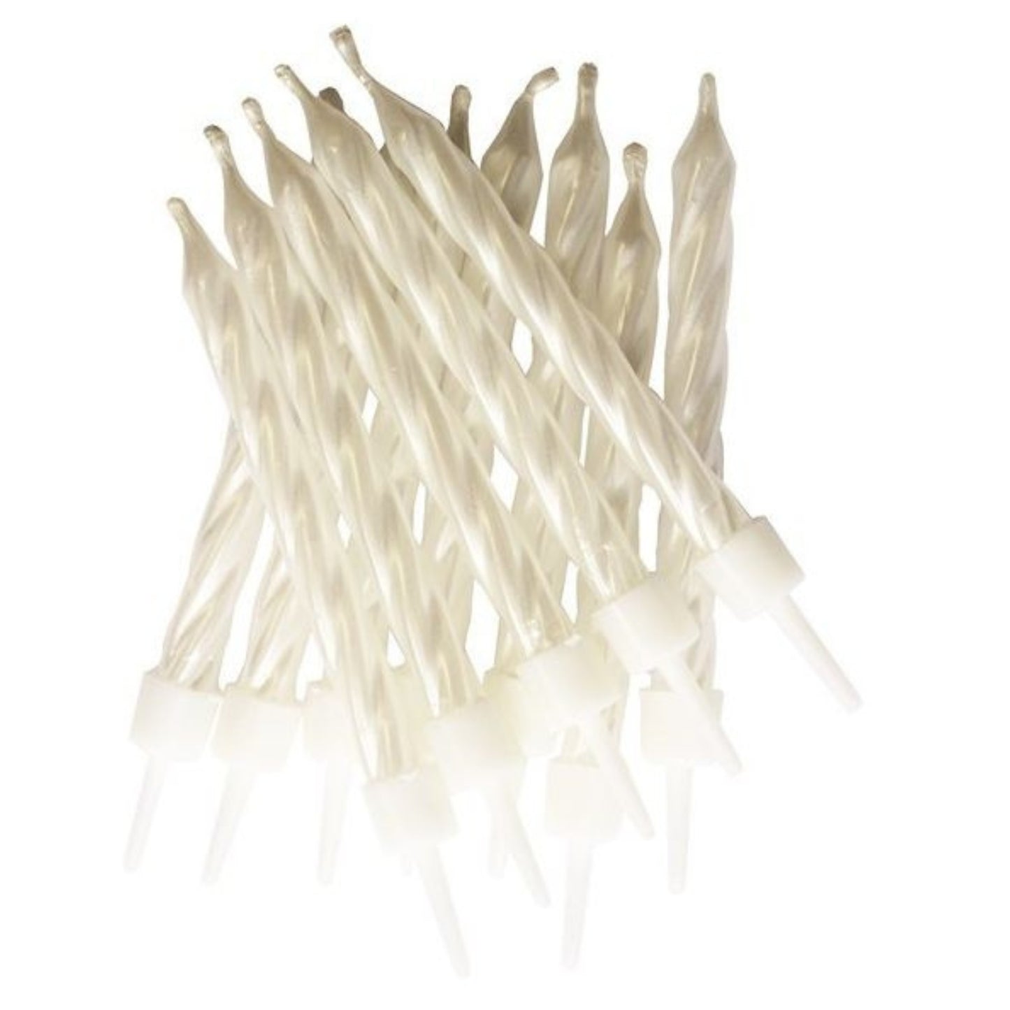 3"/ 7.5cm PEARLESCENT WHITE BIRTHDAY CANDLES WITH HOLDERS (12 PACK)