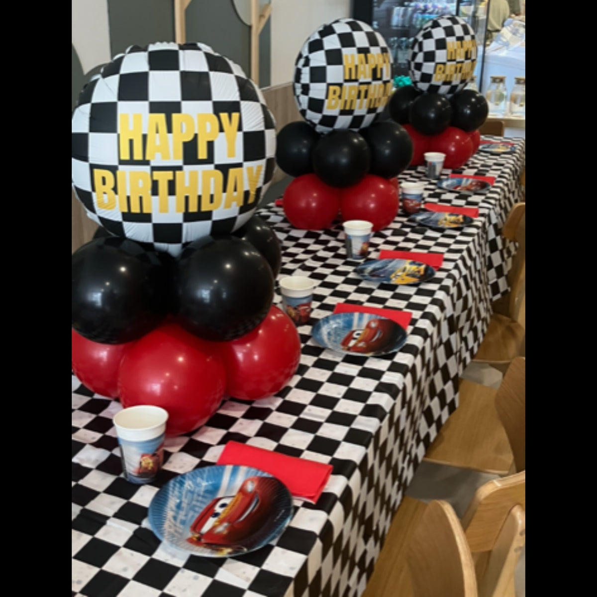 Disney Cars Themed Birthday with 3 Air-Filled Foils on Black & Red Latex Bases and Matching Tableware