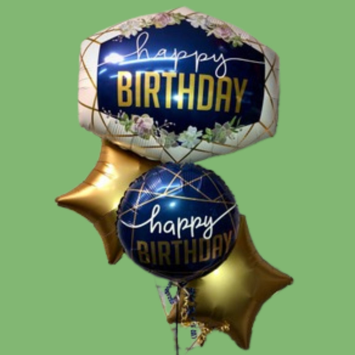 Happy Birthday Supershape, 18" Happy Birthday Foil, and Gold Sateen Foil Stars Cluster