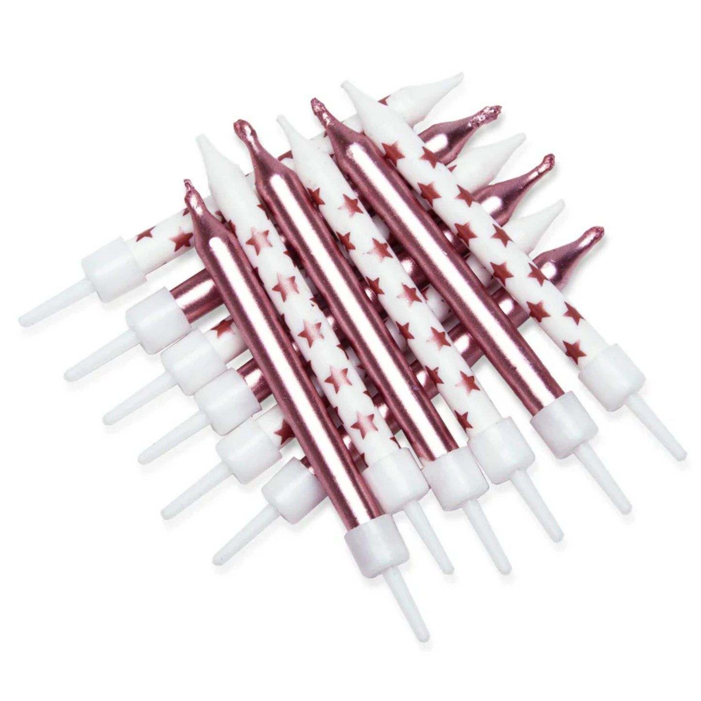 3"/ 7.5cm ROSE GOLD METALLIC STAR MIX BIRTHDAY CANDLES WITH HOLDERS (12 PACK)