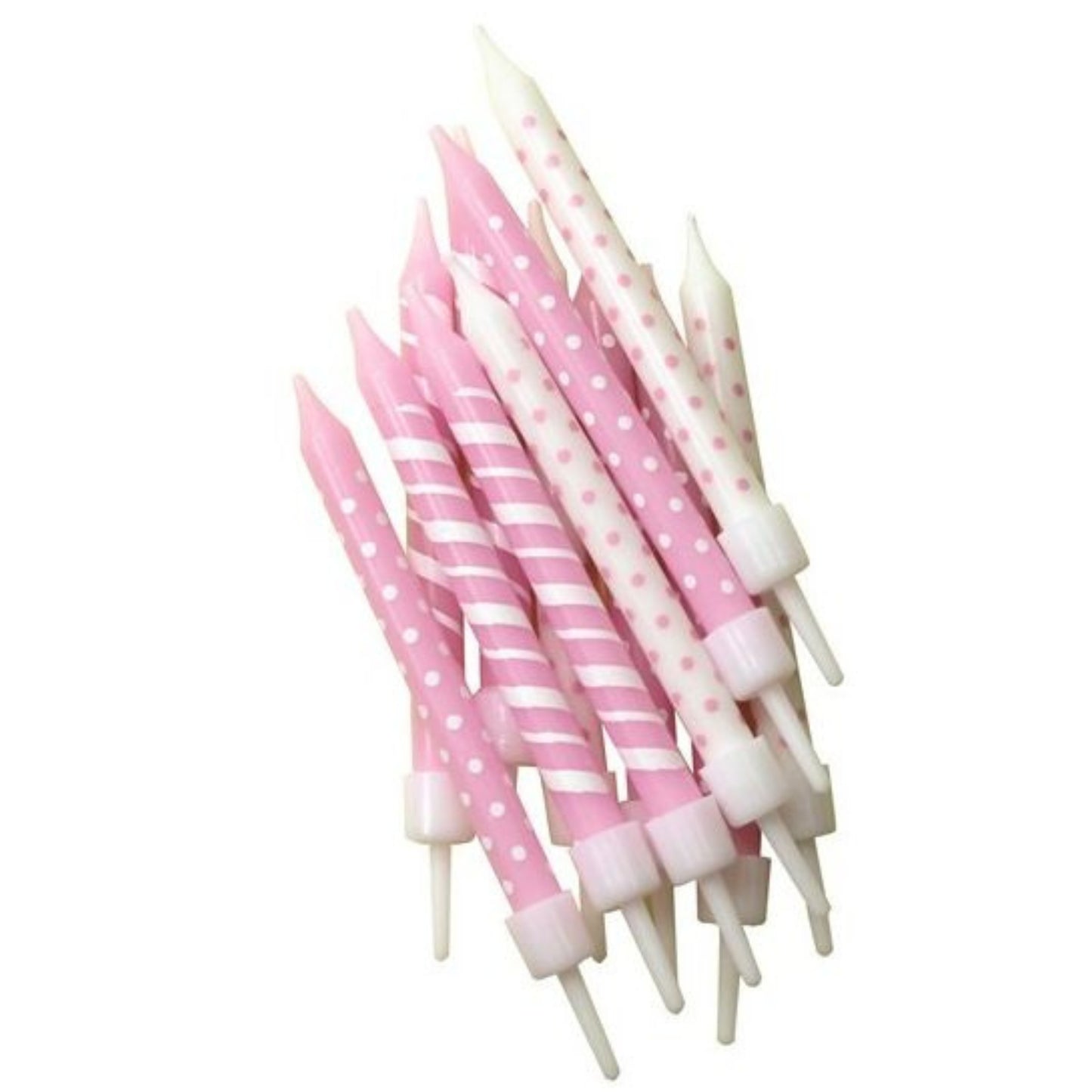 3"/ 7.5cm PINK & WHITE DOTS & STRIPES BIRTHDAY CANDLES WITH HOLDERS (12 PACK)