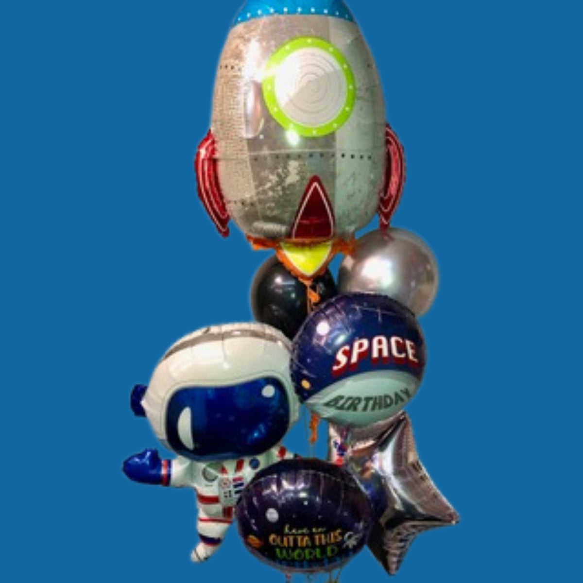 Rocket & Astronaut Supershape, 18" Space Foils, Silver Foil Star and Black & Silver Chrome Latex Cluster