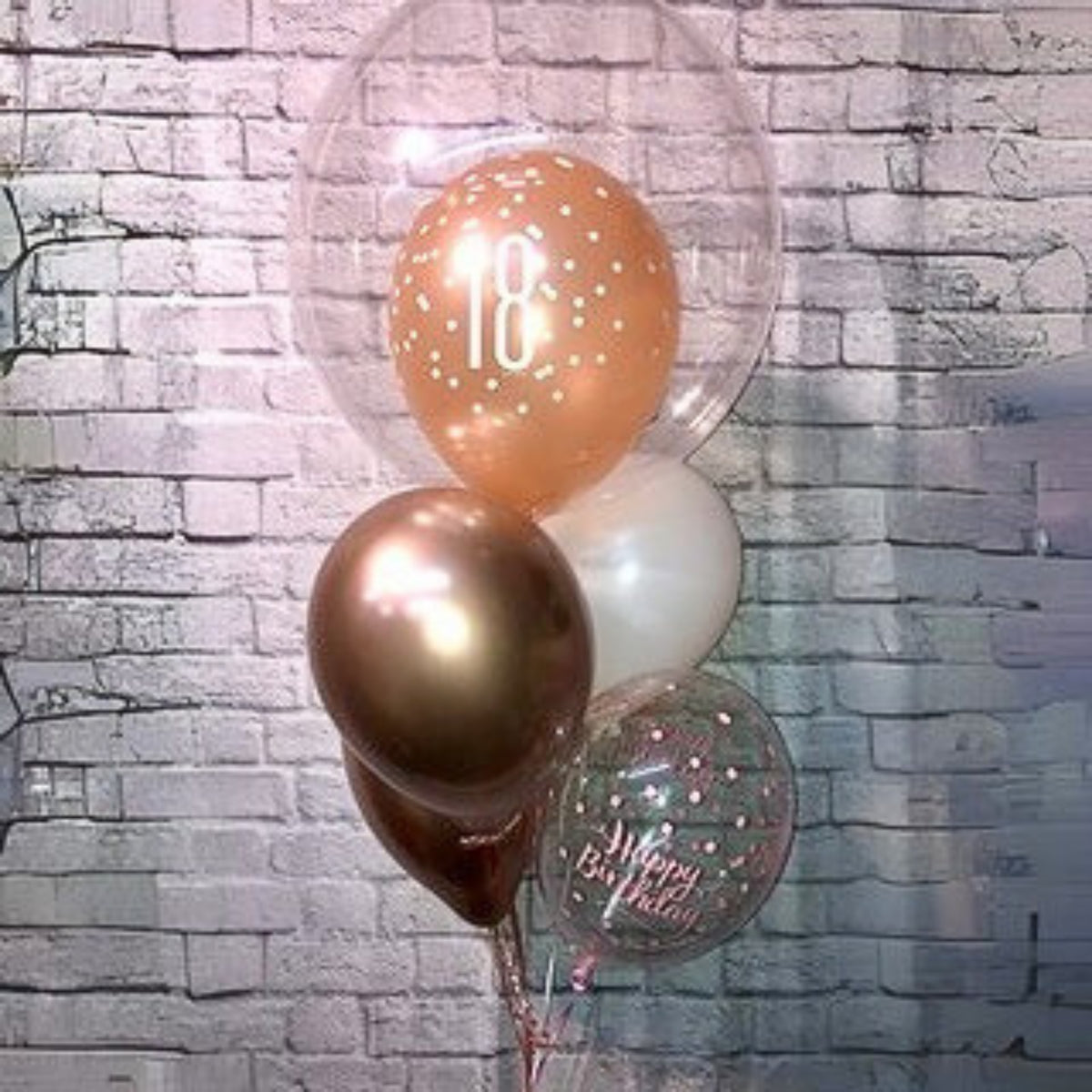 Printed Latex inside Clear Bubble Balloons with Gold Chrome & White Latex Cluster