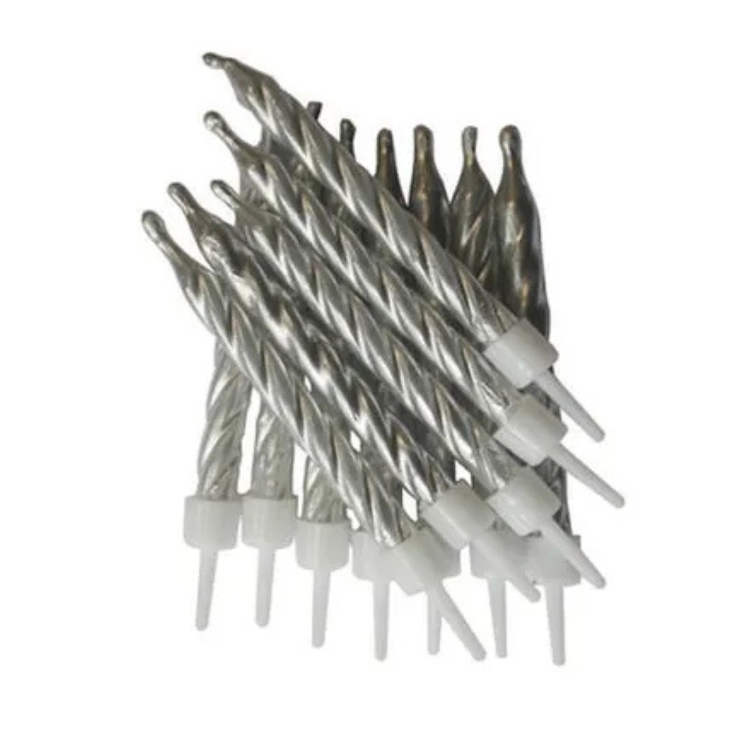 3"/ 7.5cm SILVER METALLIC BIRTHDAY CANDLES WITH HOLDERS (12 PACK)