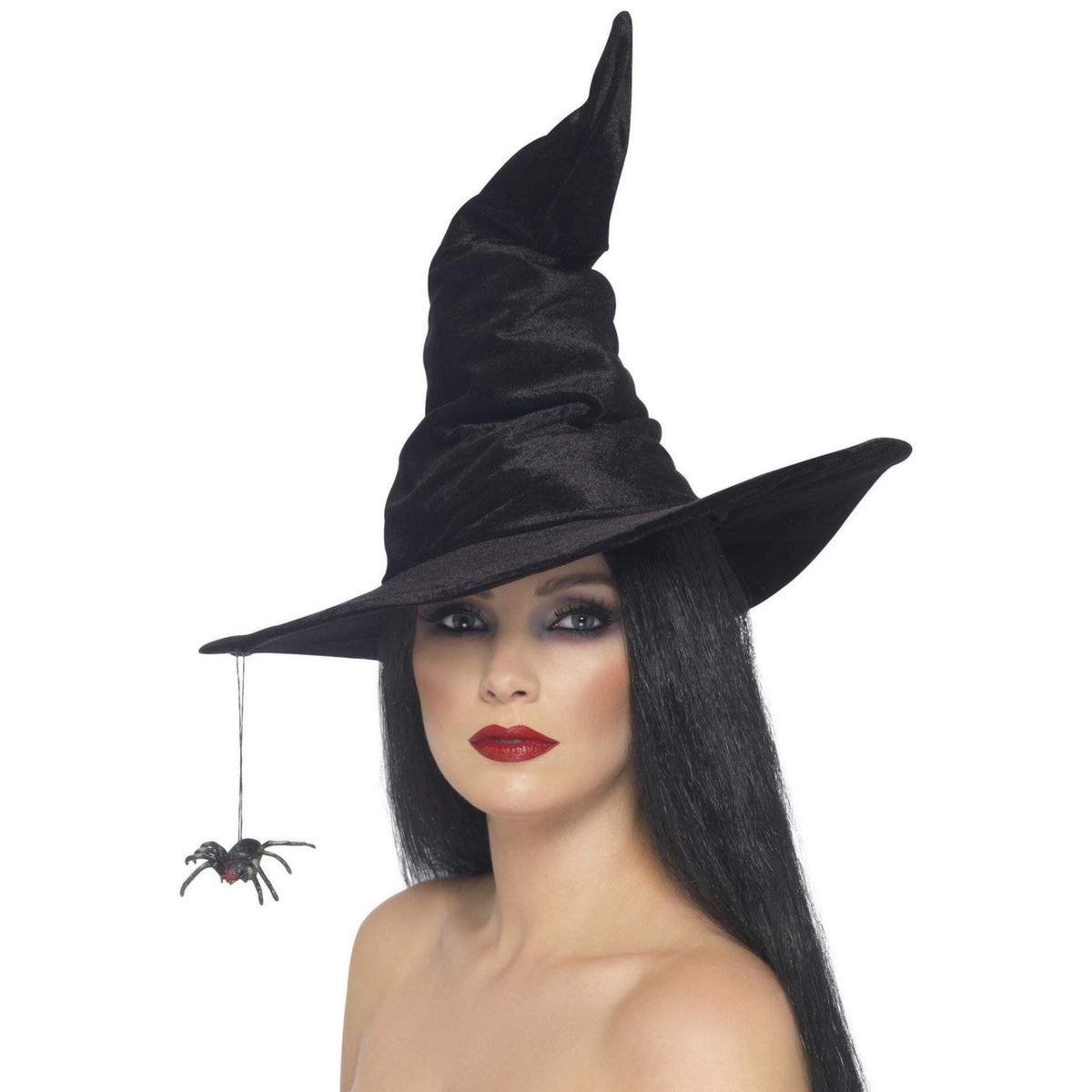 BLACK VELOUR WITCH HAT WITH HANGING SPIDER