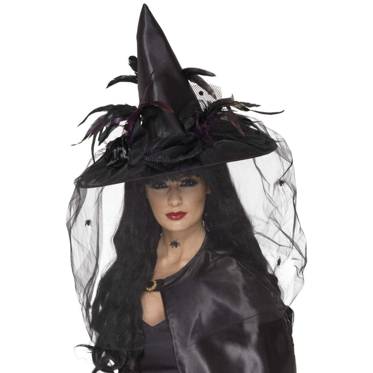DELUXE WITCHES HAT WITH FEATHERS AND NETTING