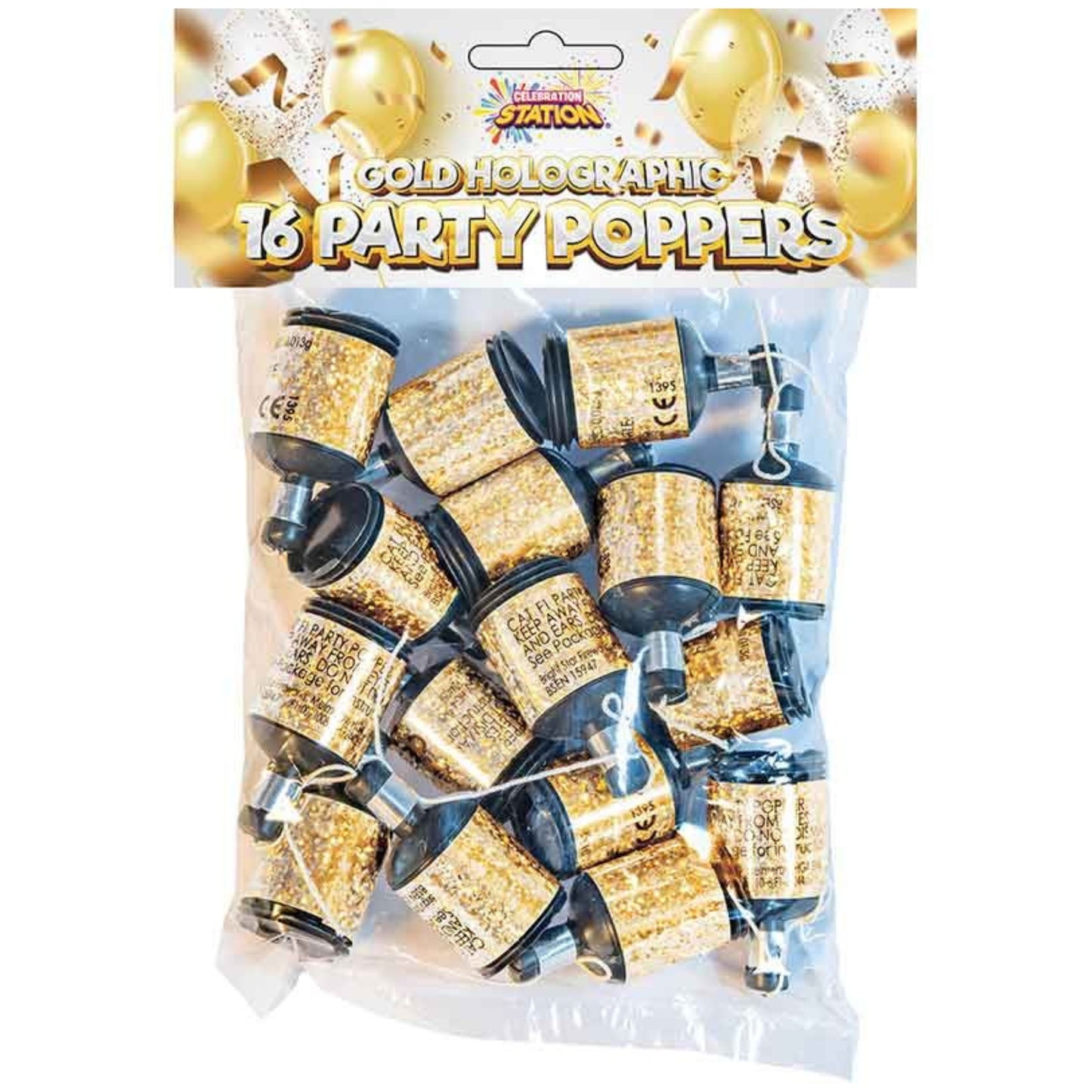 GOLD HOLOGRAPHIC PARTY POPPERS (16 PACK)
