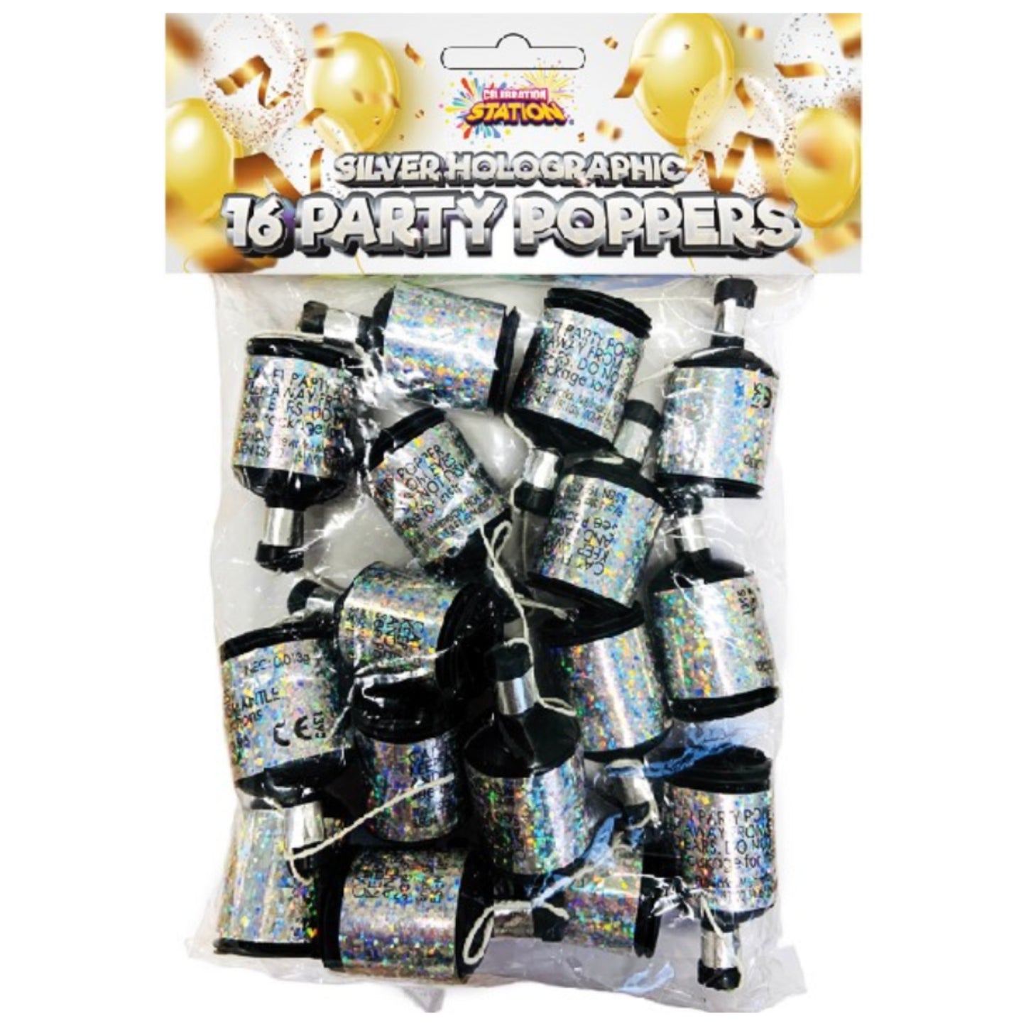 SILVER HOLOGRAPHIC PARTY POPPERS (16 PACK)