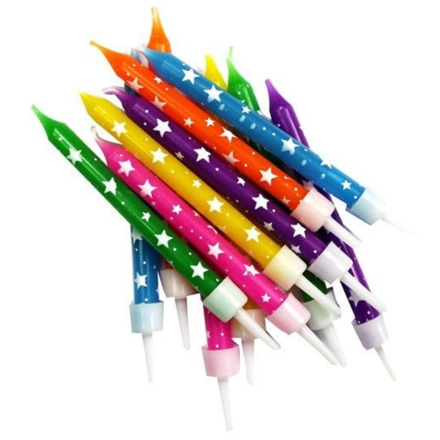 3"/ 7.5cm MULTICOLOUR STARS BIRTHDAY CANDLES WITH HOLDERS (12 PACK)