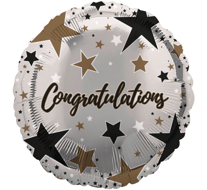 18"/ 46cm CONGRATS SILVER & STARS ROUND FOIL BALLOON