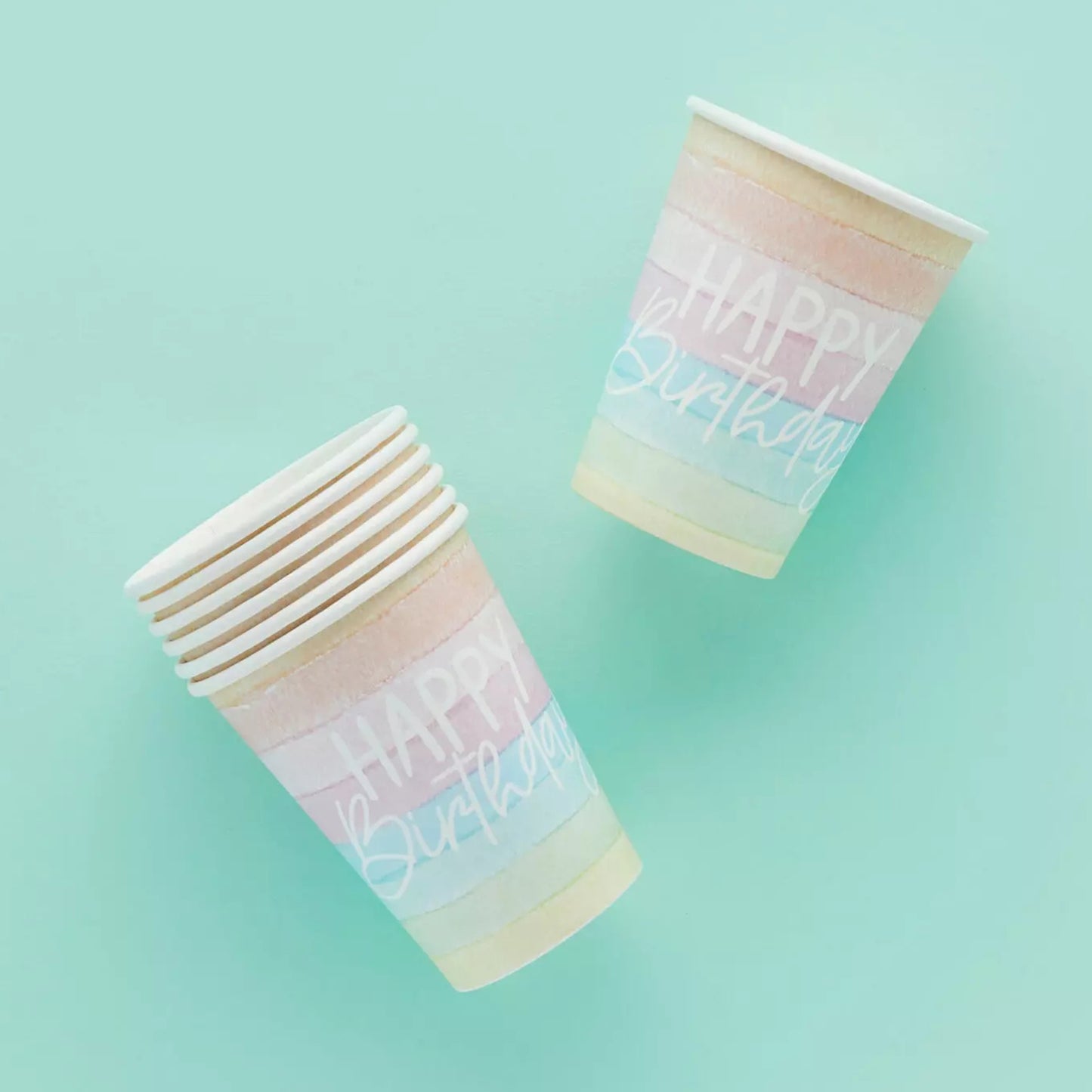ECO RAINBOW 'HAPPY BIRTHDAY' PAPER CUPS (8 PACK)