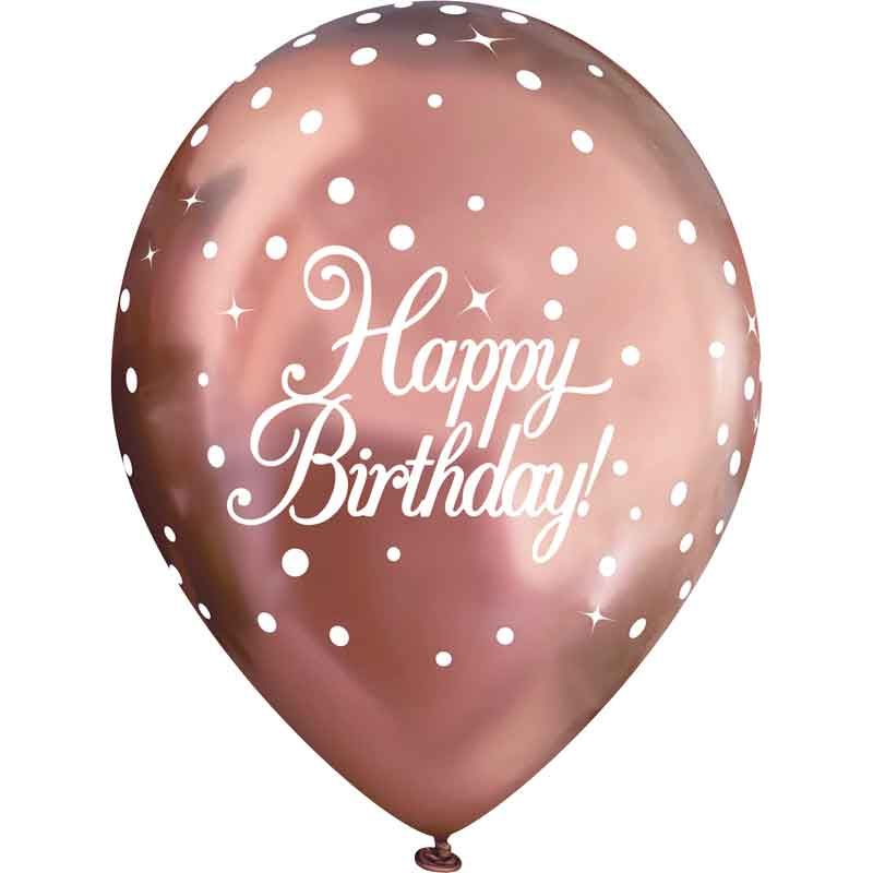 11"/ 28cm SPARKLING FIZZ ROSE GOLD HAPPY BDAY 6 PACK LATEX BALLOONS
