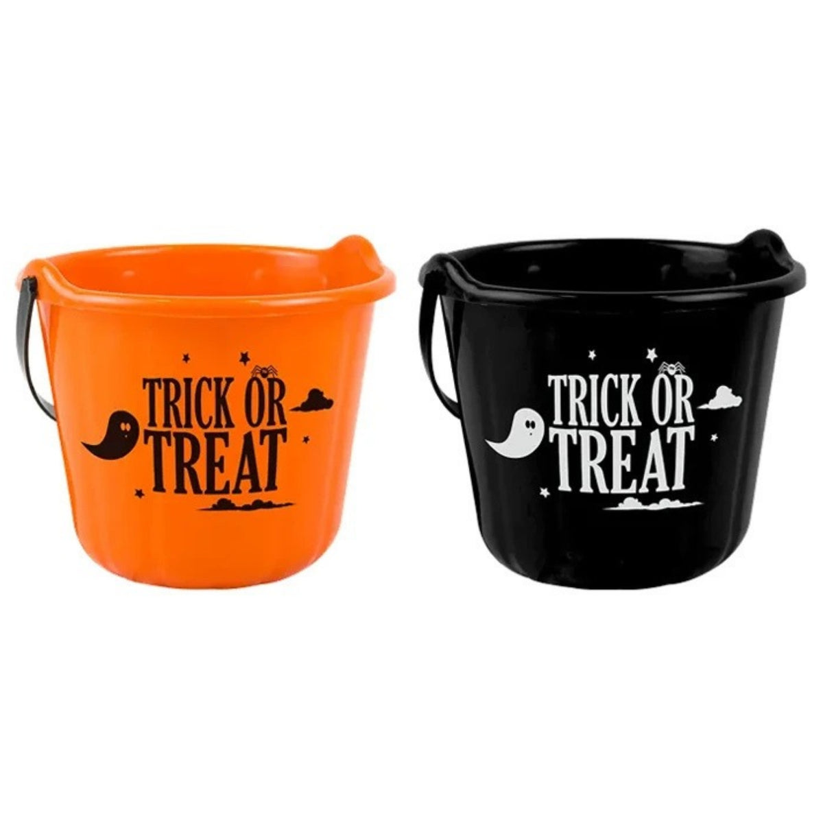 BLACK / ORANGE HALLOWEEN TRICK OR TREAT PLASTIC BUCKET (22cm - 2 ASSORTED DESIGNS)