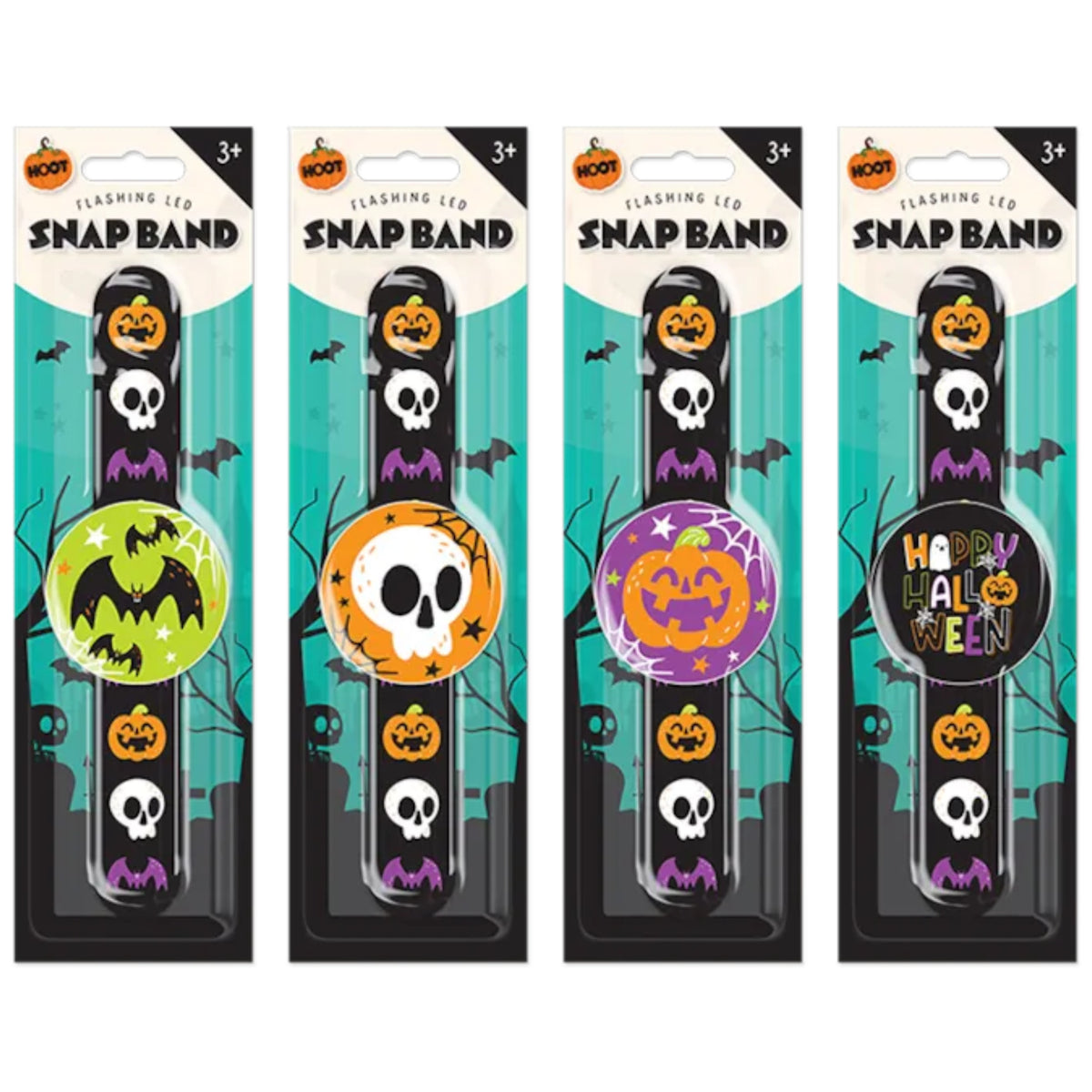 LED FLASHING HALLOWEEN SNAP BAND (4 ASSORTED DESIGNS)