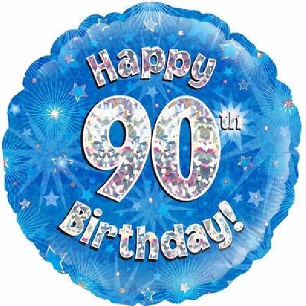18"/ 46cm BLUE HOLOGRAPHIC HAPPY 90TH BIRTHDAY ROUND FOIL BALLOON