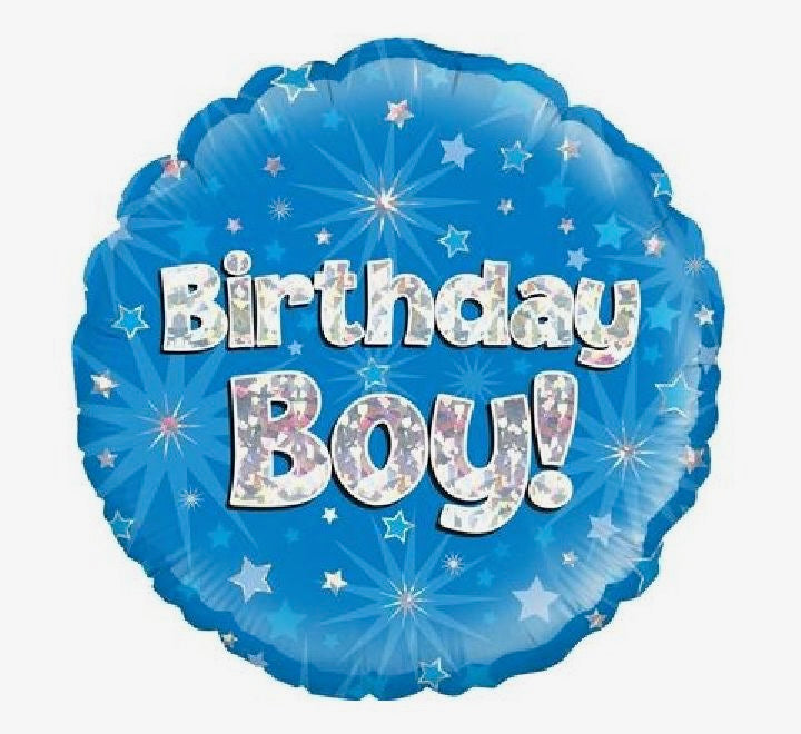 18"/ 46cm BIRTHDAY BOY! BLUE & SILVER HOLOGRAPHIC ROUND FOIL BALLOON