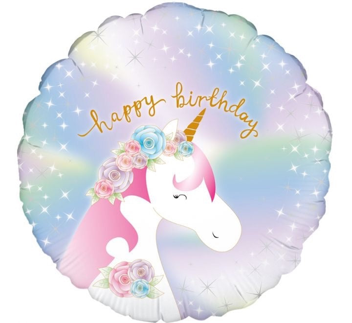 18"/ 46cm HAPPY BIRTHDAY PASTEL UNICORN RAINBOW ROUND FOIL BALLOON