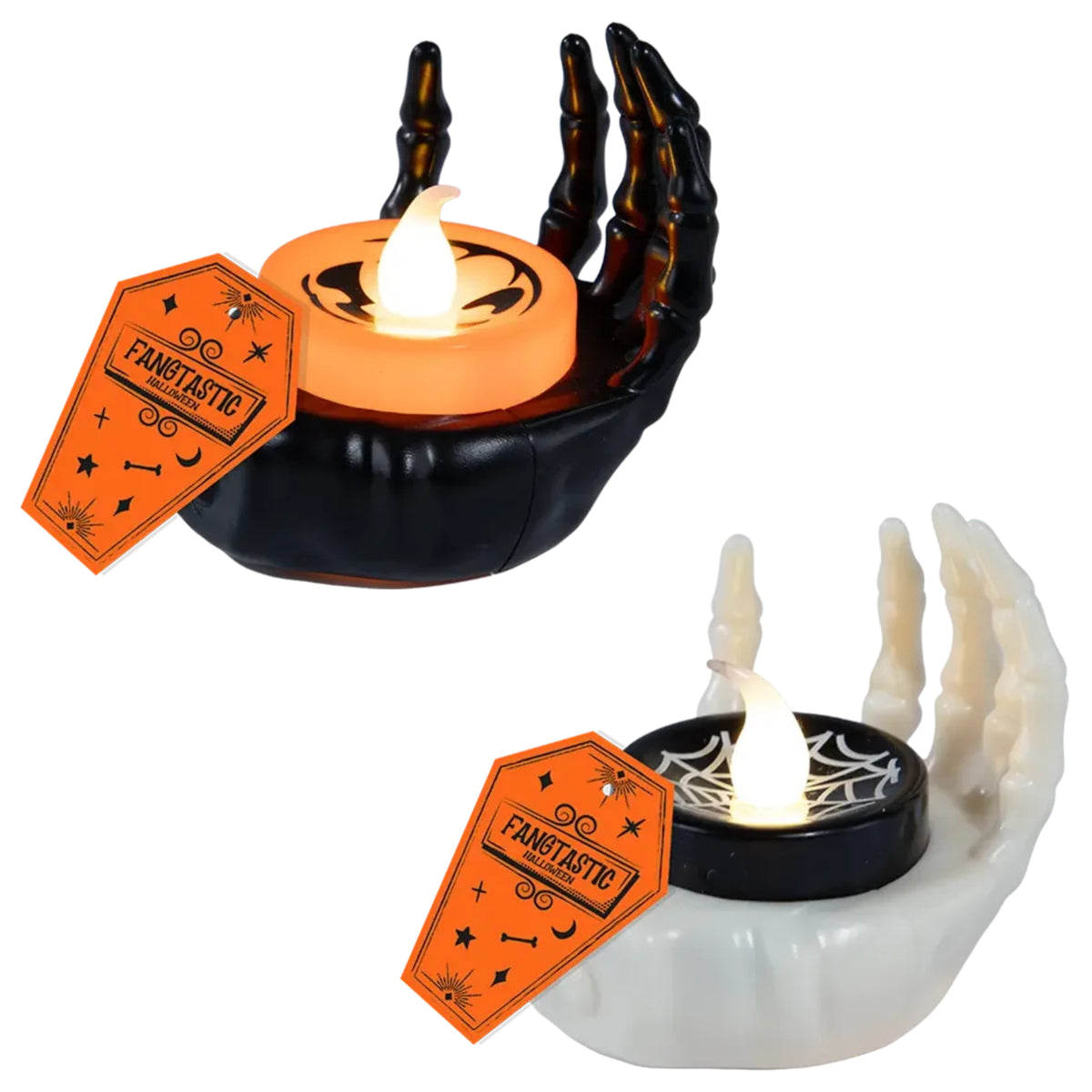 HALLOWEEN SKELETON HAND WITH LED CANDLE (2 ASSORTED DESIGNS, BATTERIES INCLUDED)