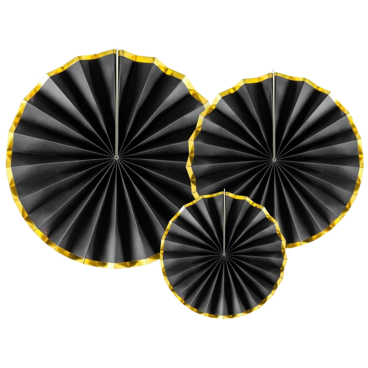 3 x BLACK PAPER FANS WITH GOLD TRIM (23cm to 40cm)