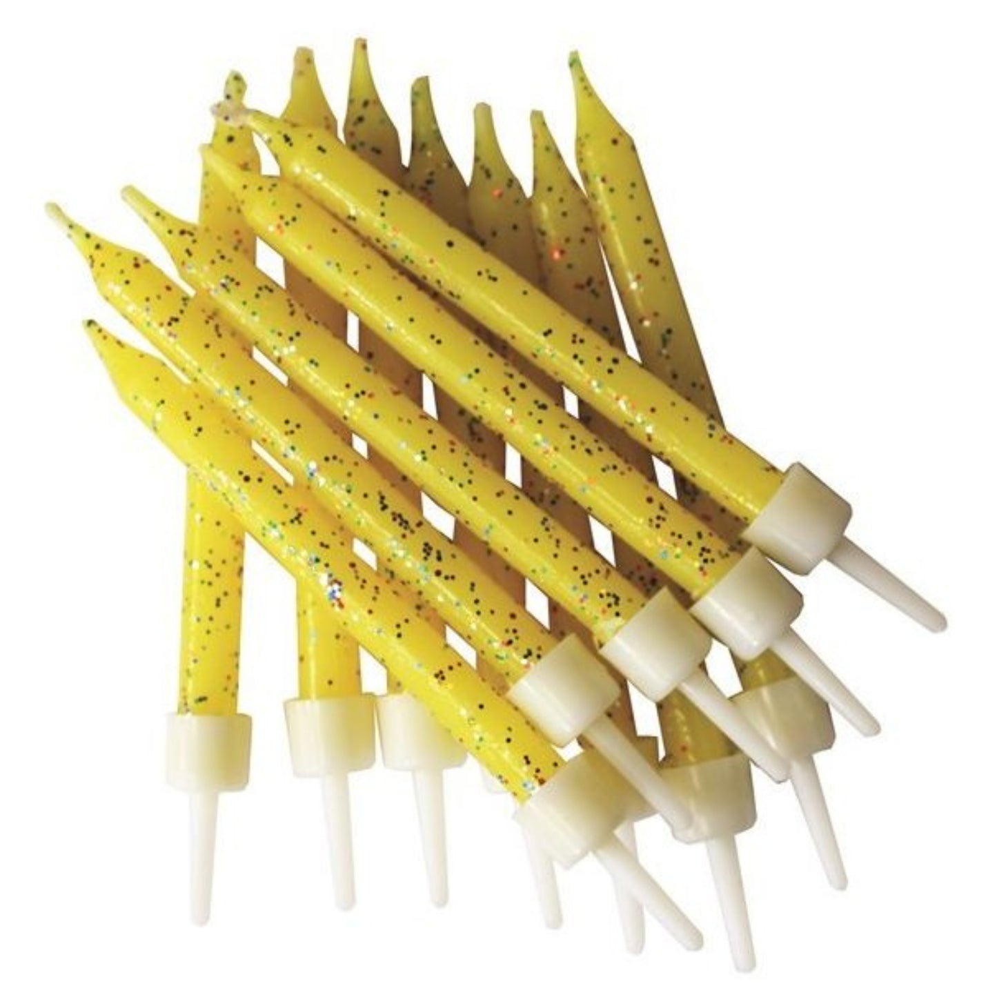 3"/ 7.5cm YELLOW GLITTER BIRTHDAY CANDLES WITH HOLDERS (12 PACK)