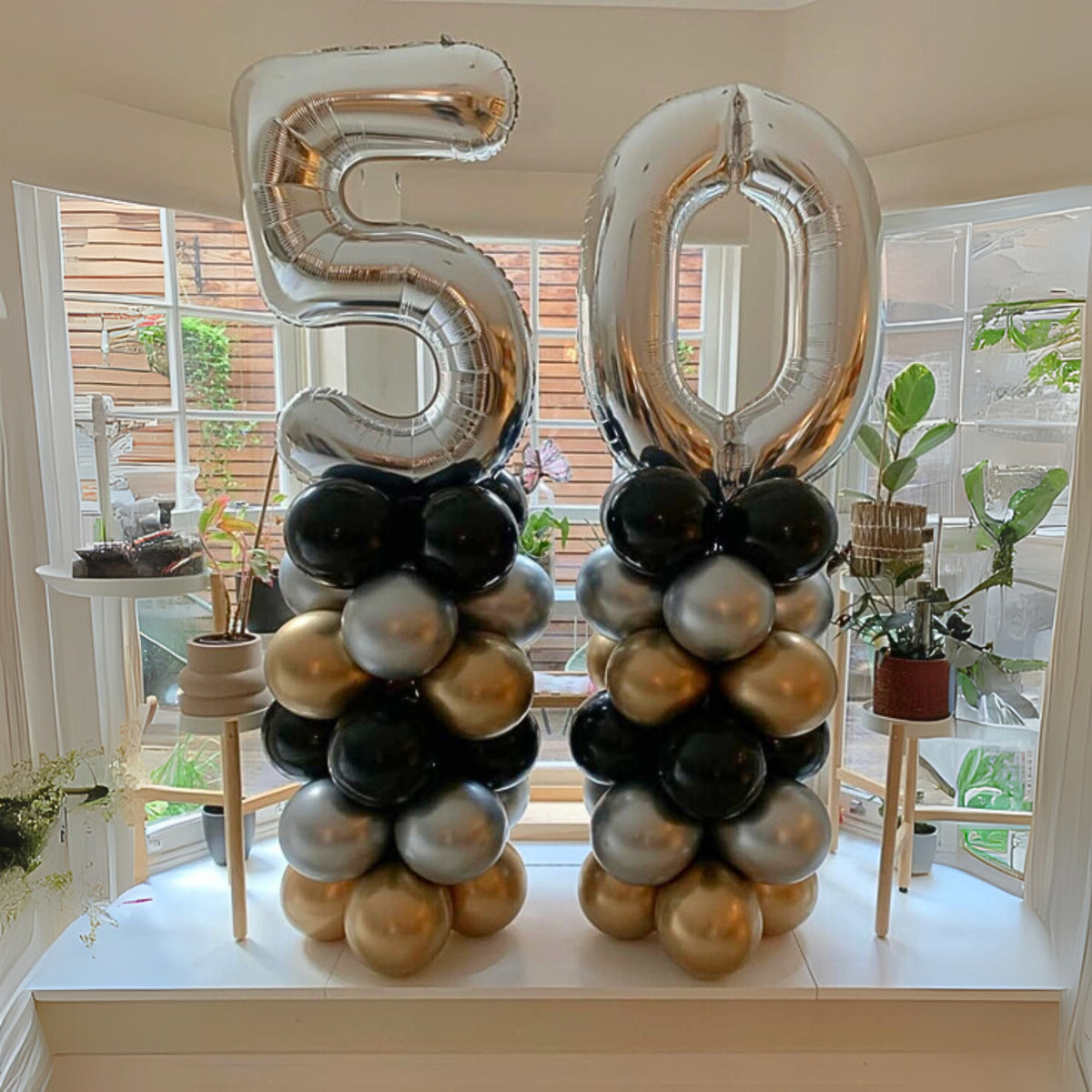 Gold Chrome, Silver Chrome & Black Layered Towers with Silver '50' on top