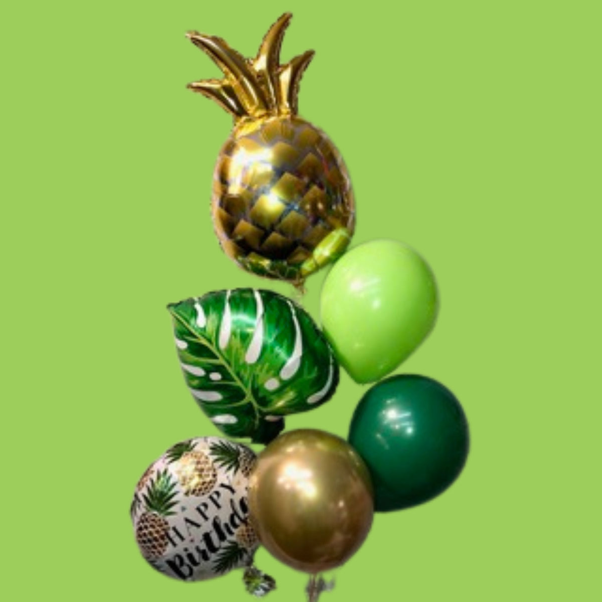 Pineapple & Leaf Supershapes, 18" Printed Foil and Lime Green, Forest Green & Gold Chrome Latex Cluster