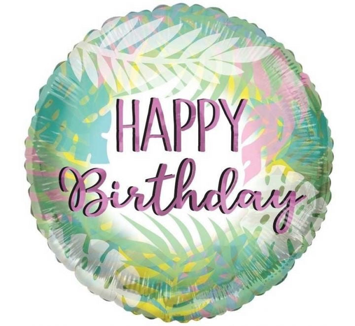 18"/ 46cm HAPPY BIRTHDAY GREEN & PURPLE FOLIAGE ROUND FOIL BALLOON