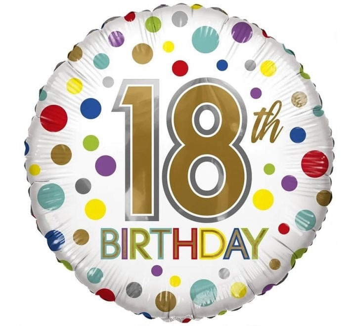 18"/ 46cm WHITE 18TH BIRTHDAY COLOUFUL CONFETTI ROUND FOIL BALLOON
