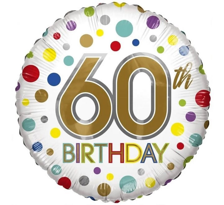 18"/ 46cm WHITE 60TH BIRTHDAY COLOUFUL CONFETTI ROUND FOIL BALLOON