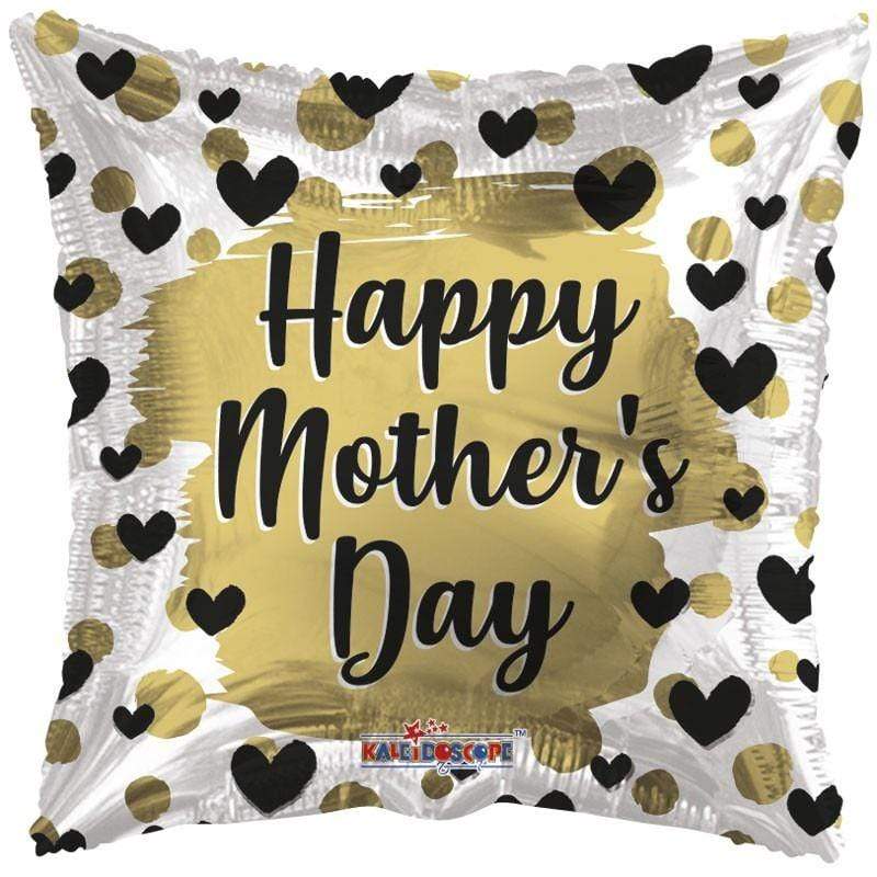 18"/ 46cm HAPPY MOTHER'S DAY GOLD & BLACK HEARTS SQUARE FOIL BALLOON
