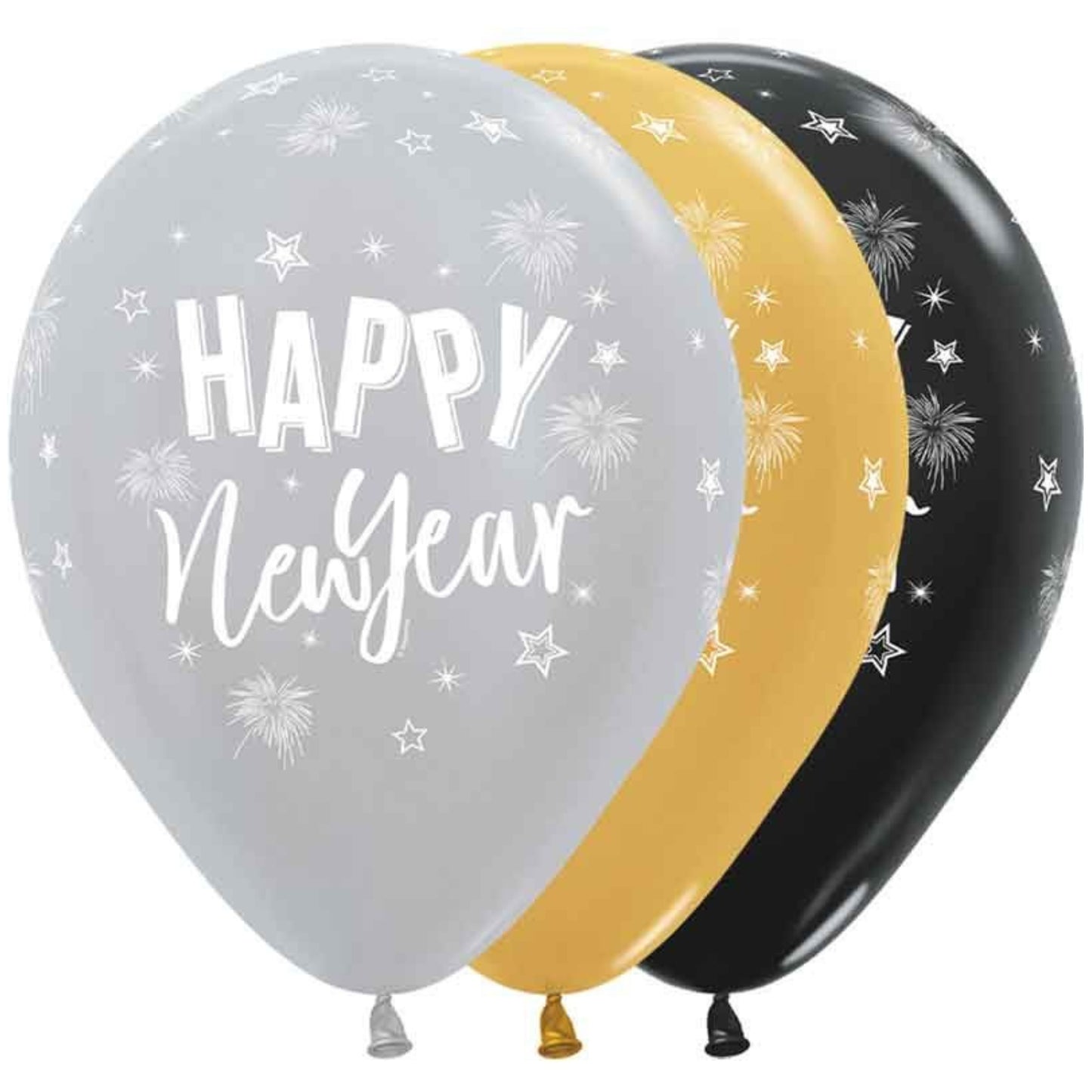 12"/ 30cm HAPPY NEW YEAR STARS LATEX BALLOON (SILVER, GOLD OR BLACK)