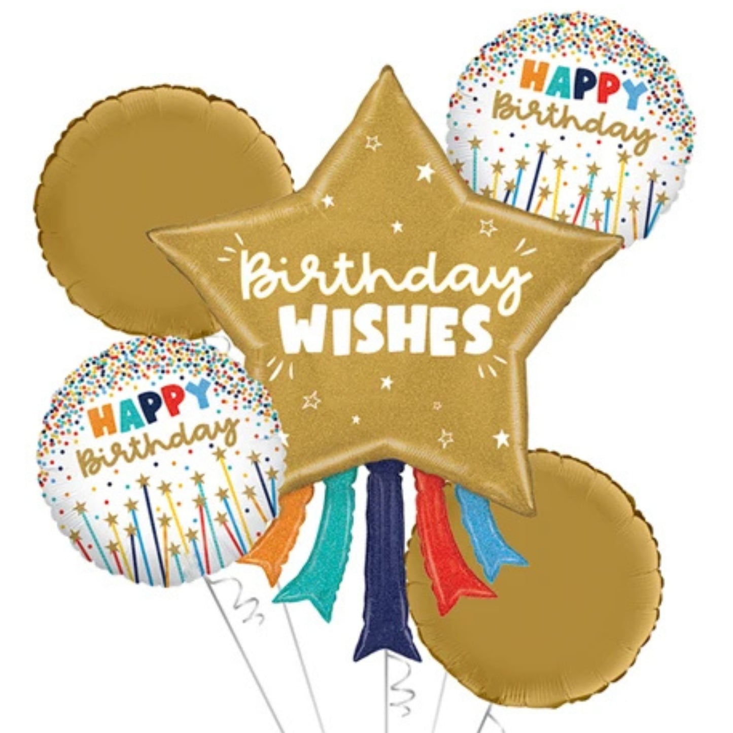 HAPPY BIRTHDAY WISHES 5 PIECE FOIL BALLOON BOUQUET (1x43", 4x18"/ 1x109cm, 4x46cm)