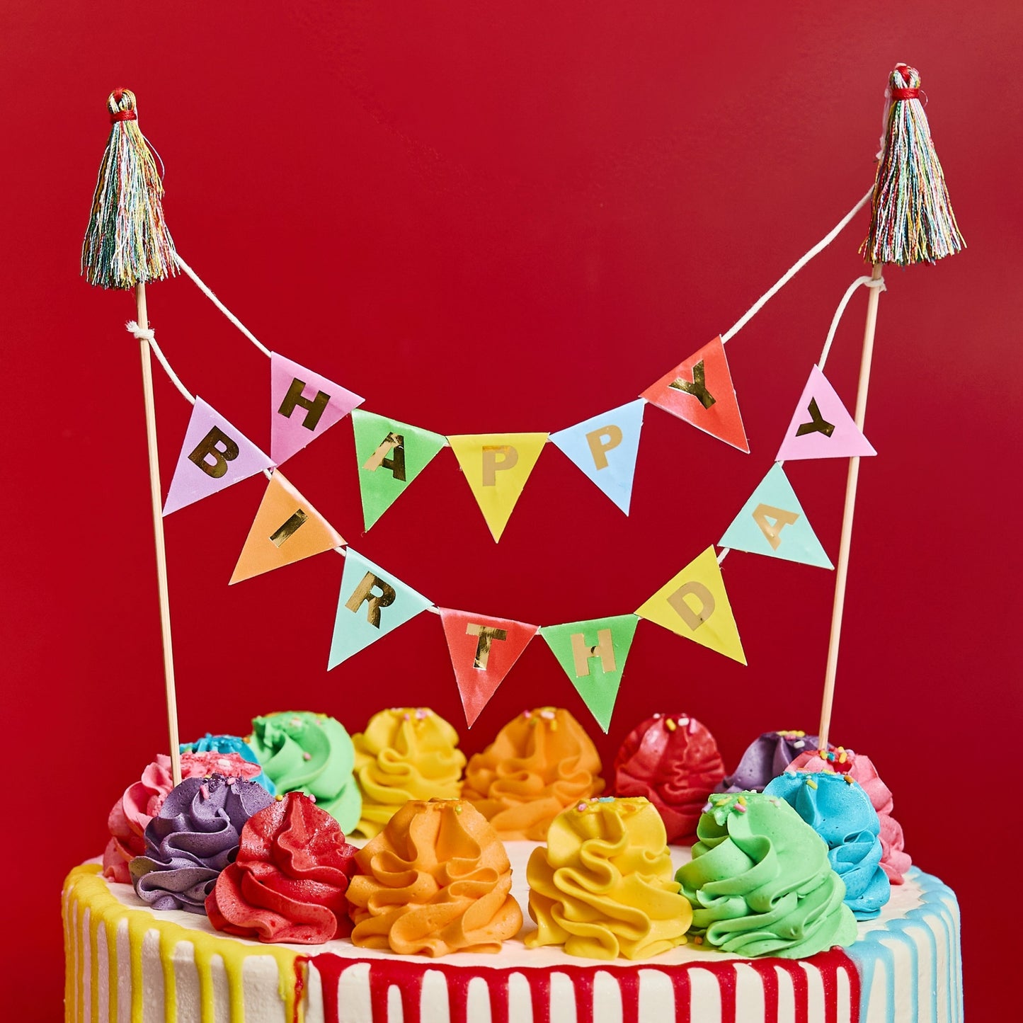 8"/ 20cm HAPPY BIRTHDAY BUNTING CARD CAKE TOPPER & THREAD TASSELS