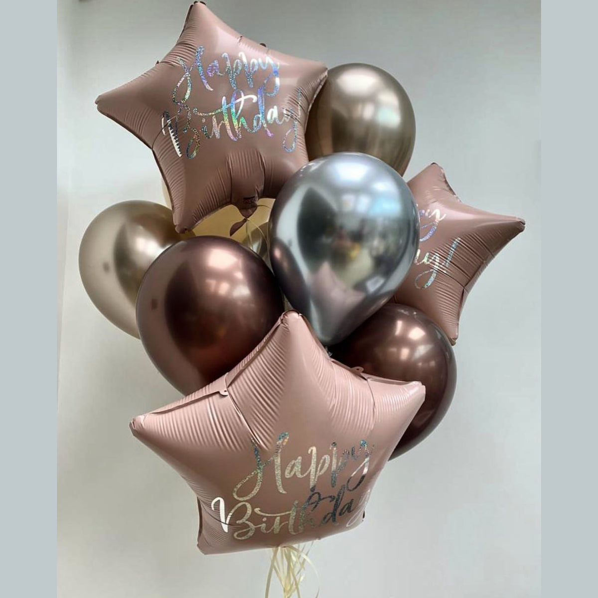 18" Printed Birthday Foils with Champagne Chrome, Silver Chrome & Truffle Chrome Latex - Floor Cluster of 9
