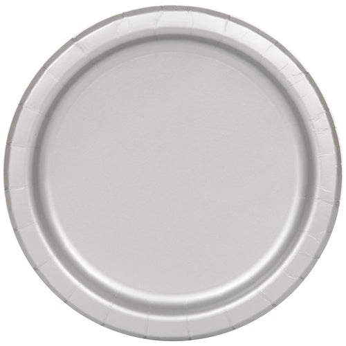 SHINY SILVER ROUND PAPER PLATES (23cm - 16 PACK)